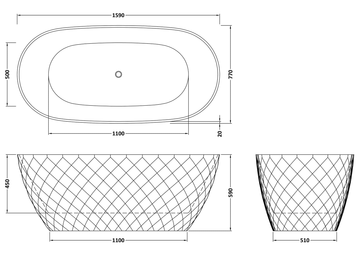 Minara 1590 x 740 x 590 Textured Oval Freestanding Bath