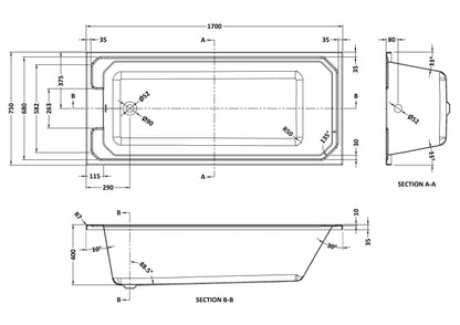 Art Deco Straight Shower Bath 1700 x 750mm
