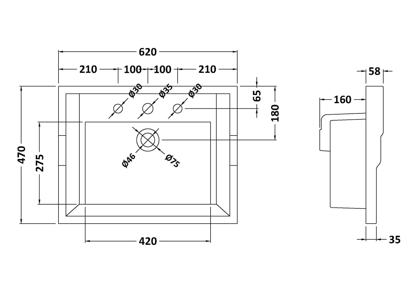 600mm Traditional Basin 3 Tap Hole