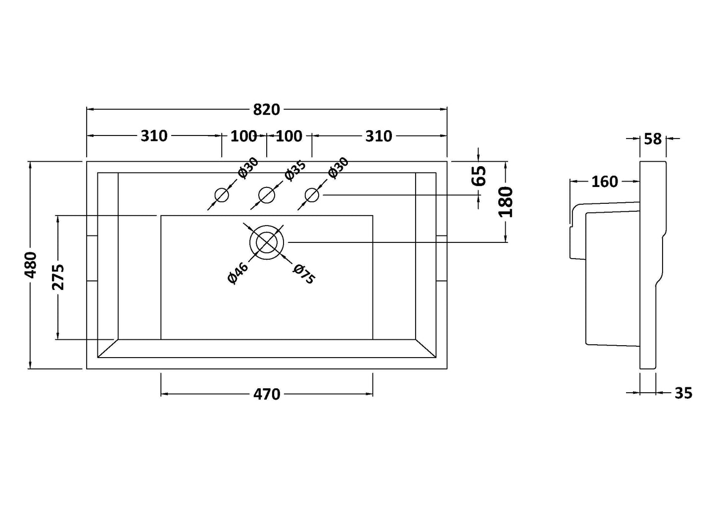 800mm Traditional Basin 3 Tap Hole