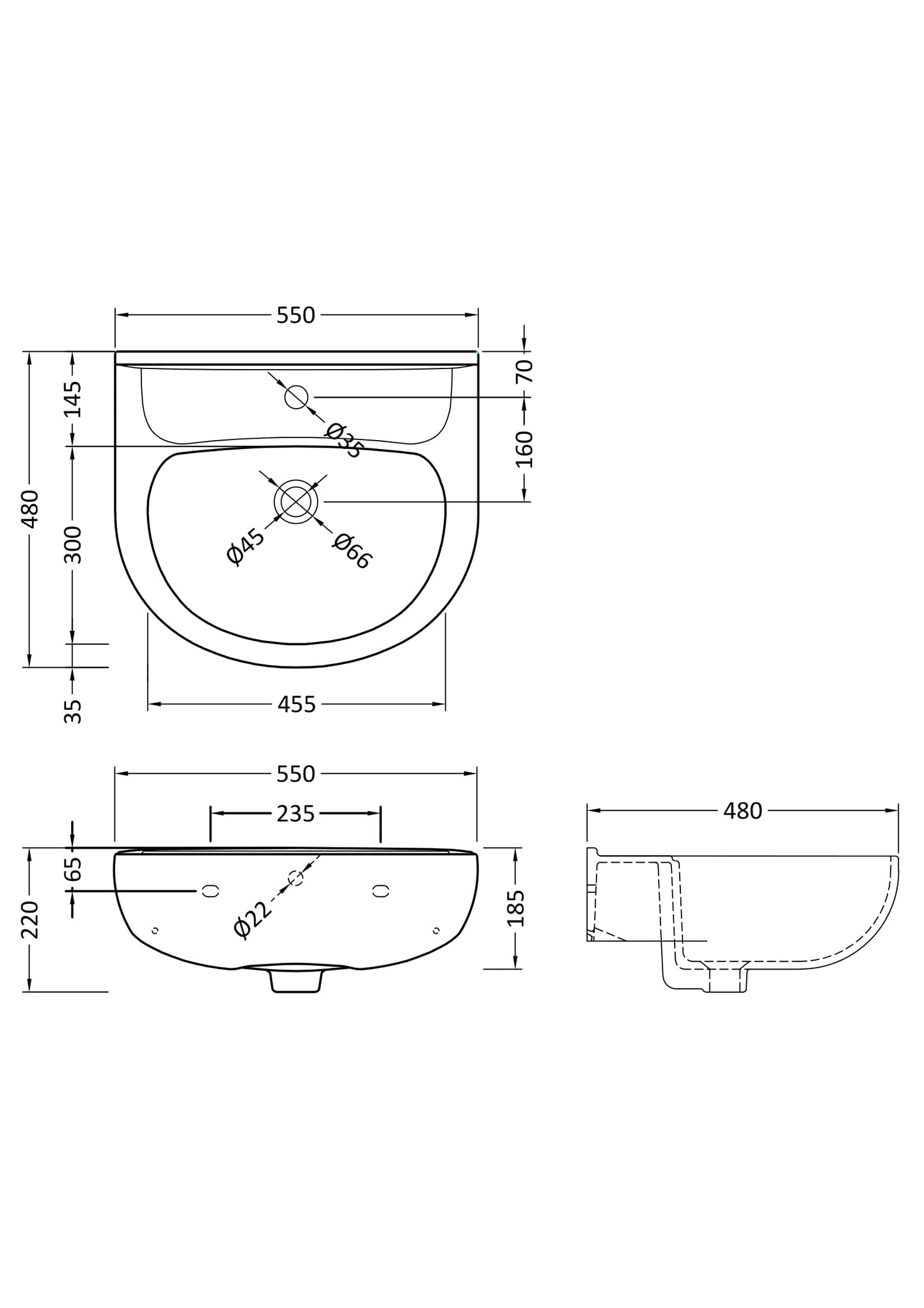 Lawton 550mm Basin 1 Tap Hole
