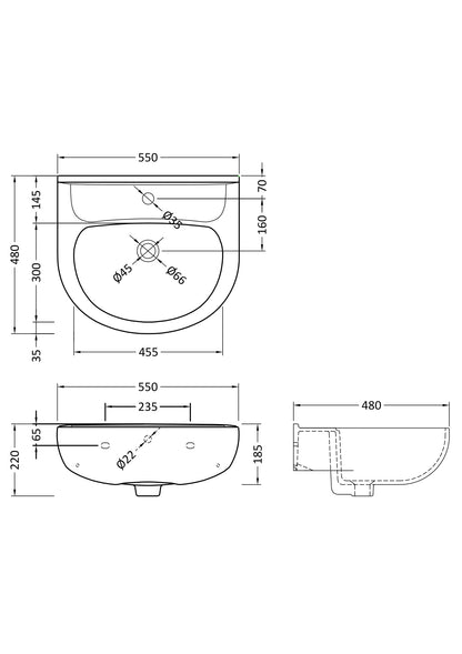 Lawton 550mm Basin 1 Tap Hole