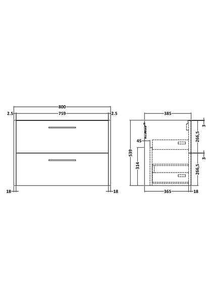 Juno 800mm Wall Hung 2-Drawer Unit