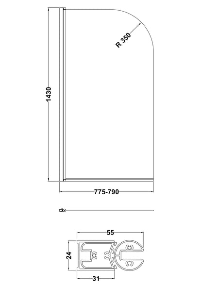 Nuie Pacific 790mm Semi-Frameless Brushed Brass Bath Screen