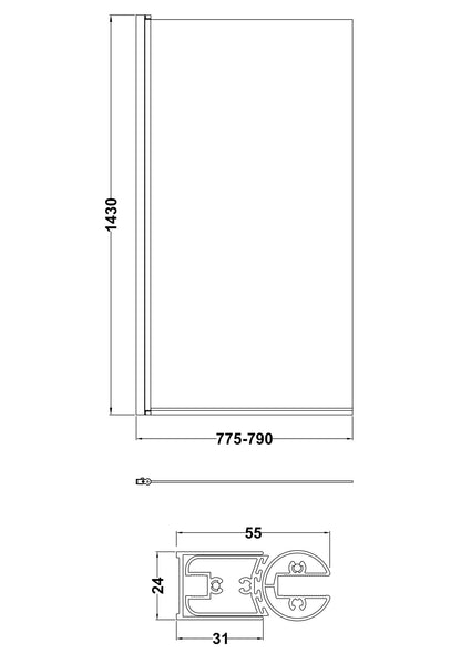 Nuie 790mm Semi-Frameless Matt Black Bath Screen