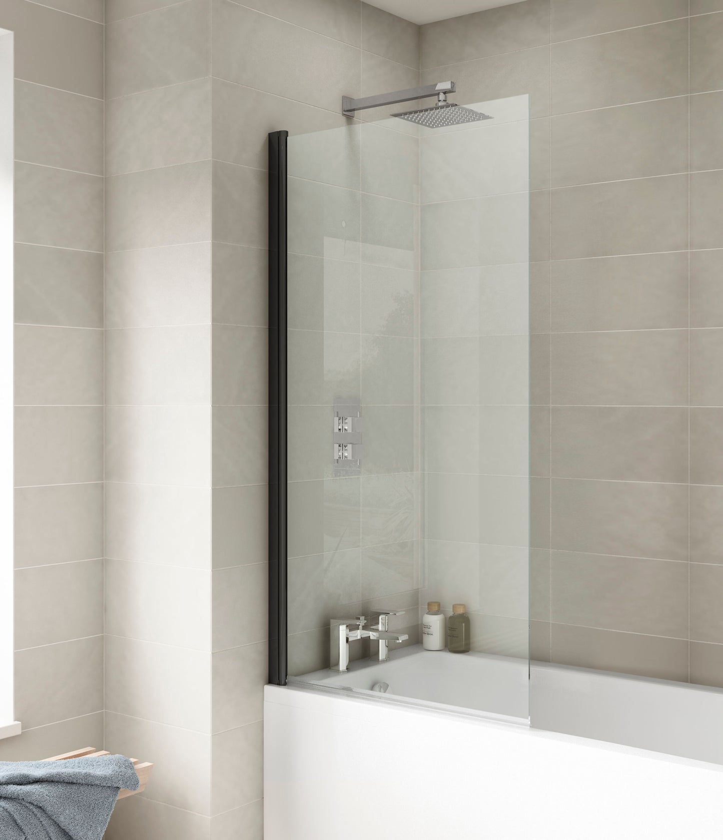 Nuie 790mm Semi-Frameless Matt Black Bath Screen