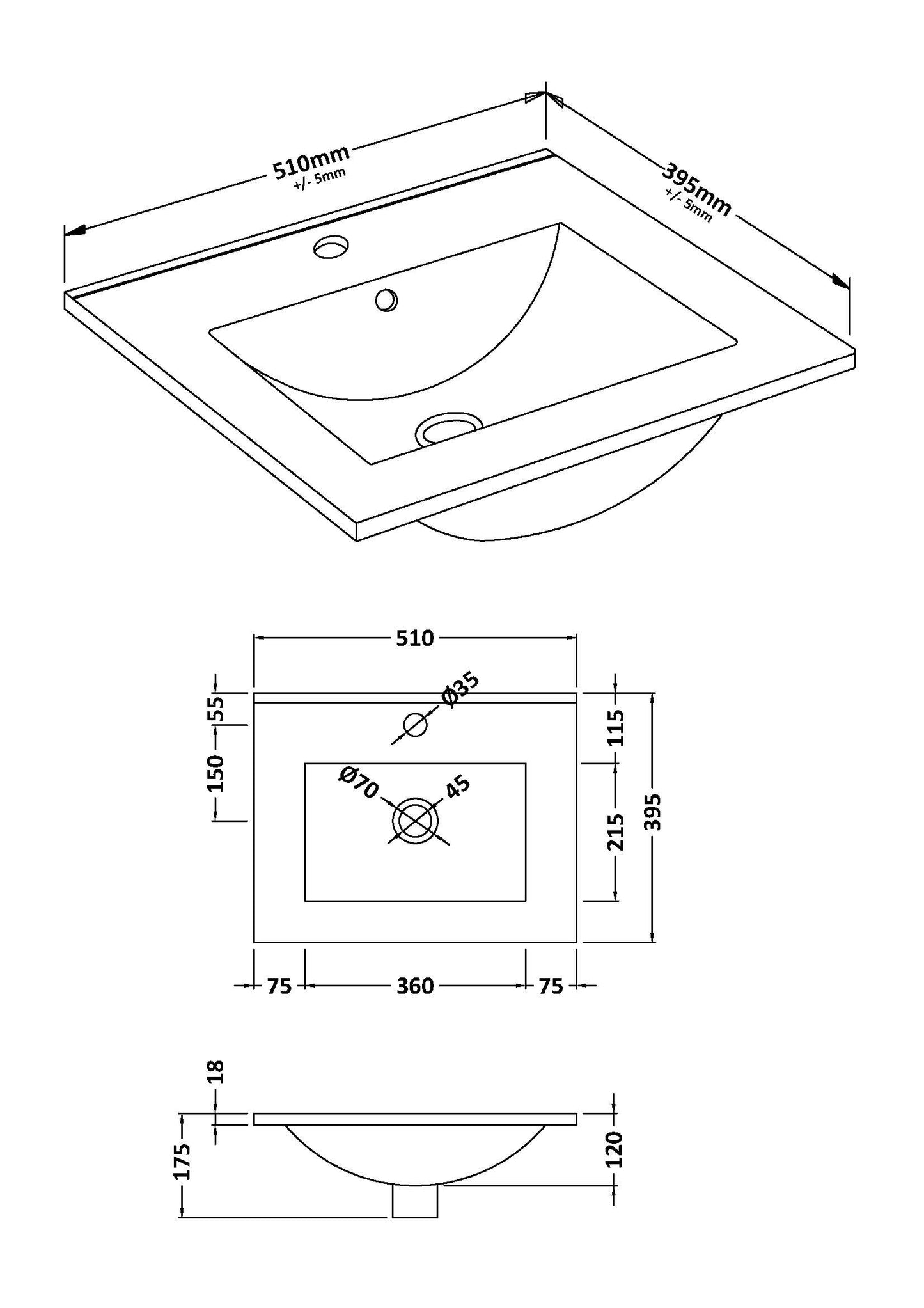 Furniture Minimalist Slimline Ceramic Basin 1 Tap Hole 500mm
