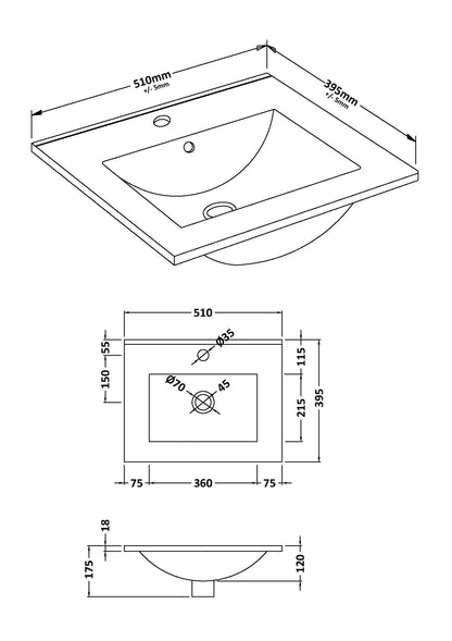 Furniture Minimalist Slimline Ceramic Basin 1 Tap Hole 500mm