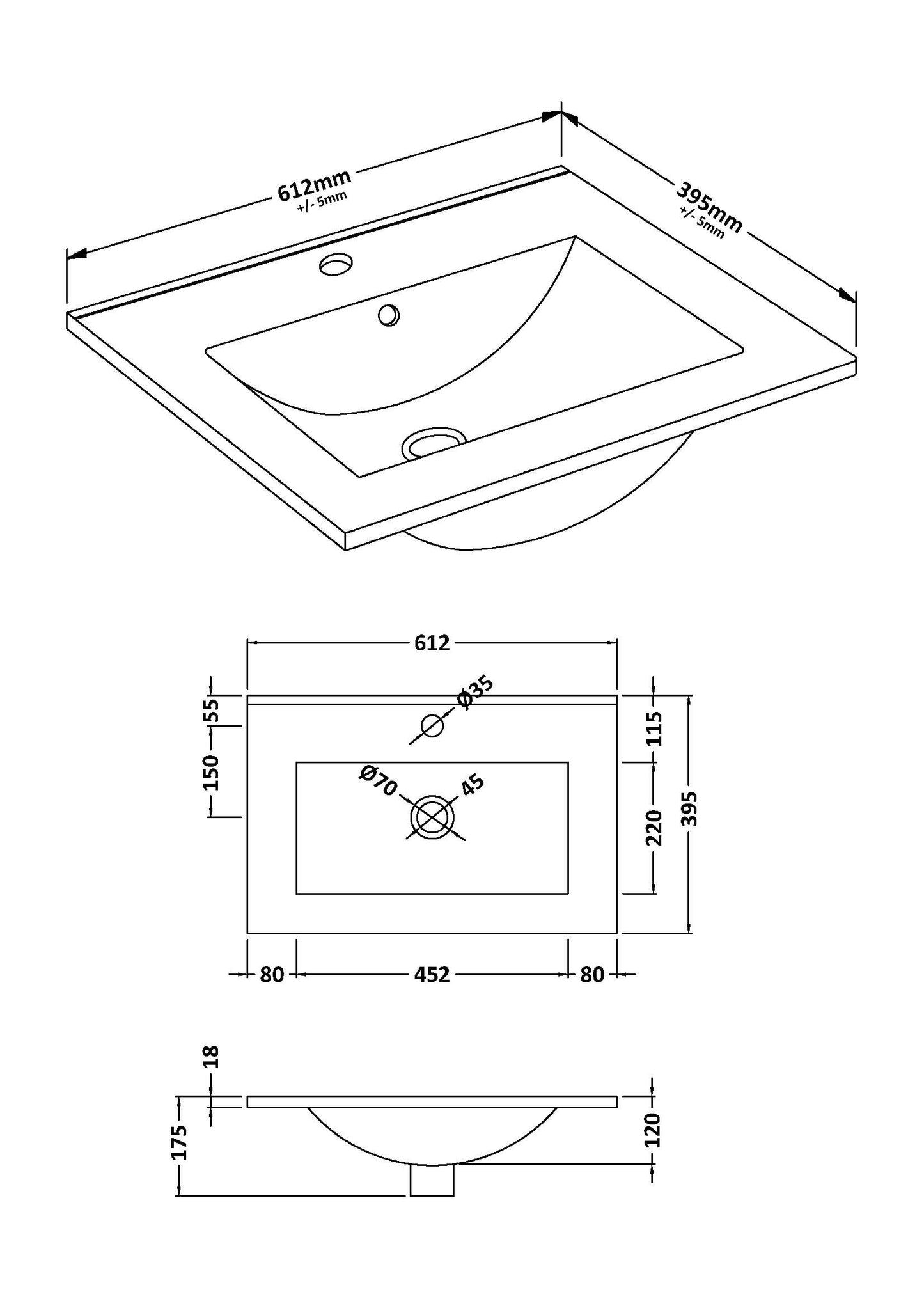 Furniture Minimalist Slimline Ceramic Basin 1 Tap Hole 600mm