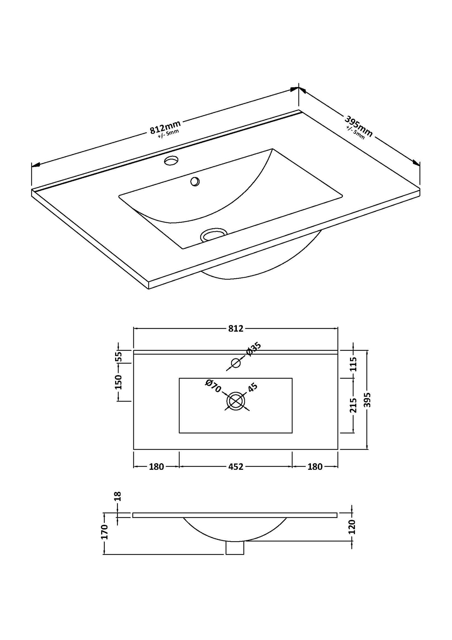 Furniture Minimalist Slimline Ceramic Basin 1 Tap Hole 800mm