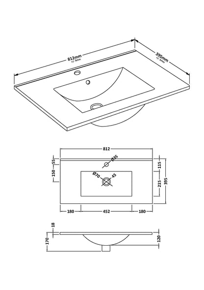 Furniture Minimalist Slimline Ceramic Basin 1 Tap Hole 800mm