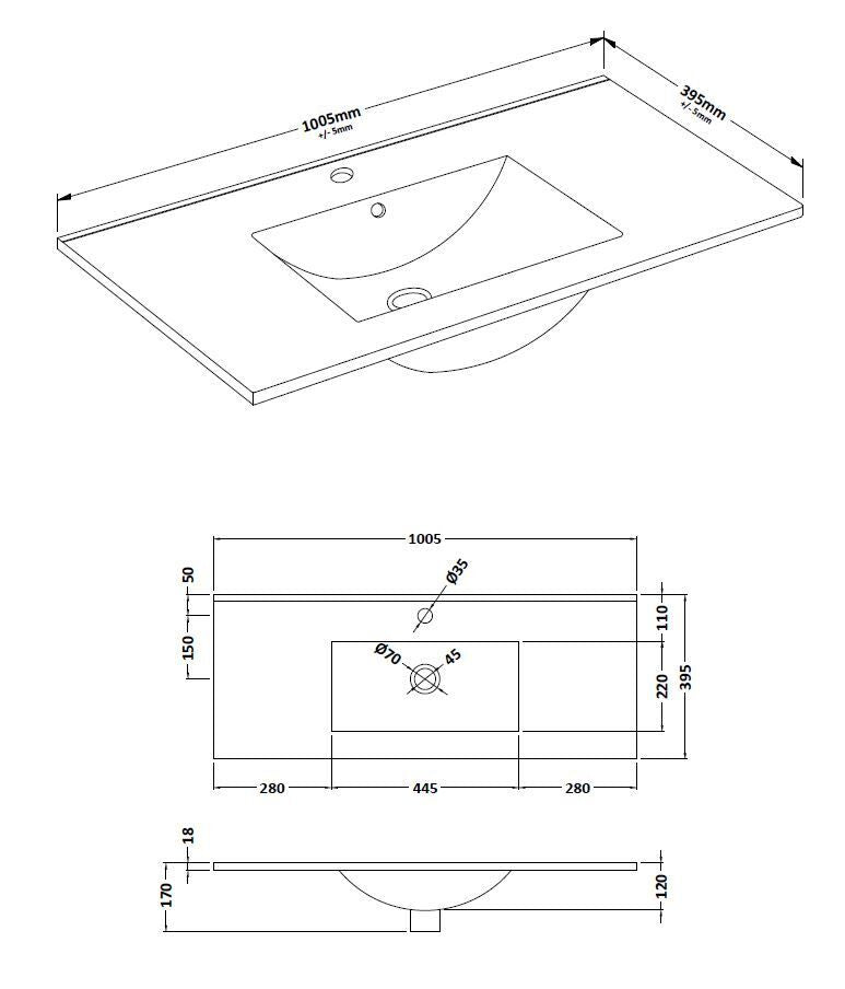Furniture Minimalist Slimline Ceramic Basin 1 Tap Hole 1000mm