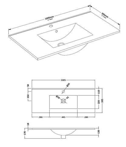 Furniture Minimalist Slimline Ceramic Basin 1 Tap Hole 1000mm