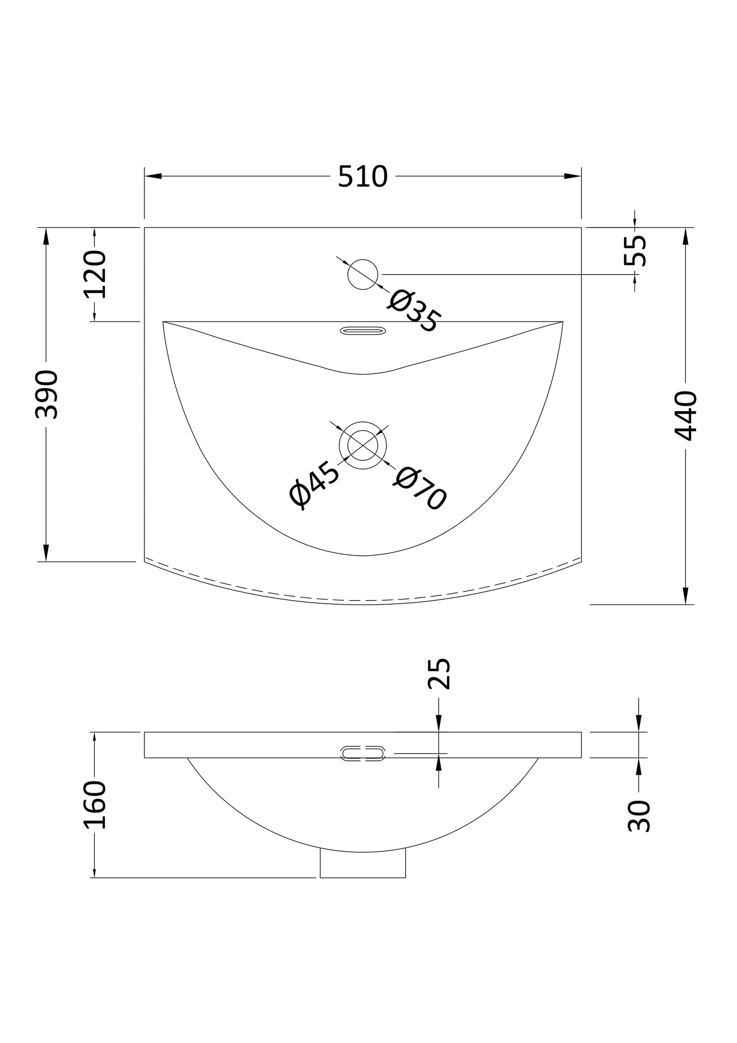 Furniture Curved Ceramic Basin 1 Tap Hole 500mm