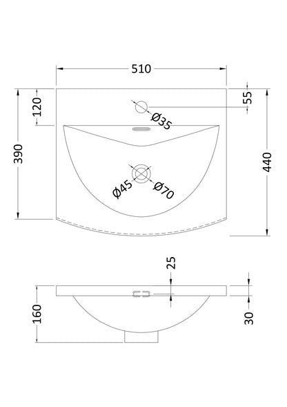 Furniture Curved Ceramic Basin 1 Tap Hole 500mm