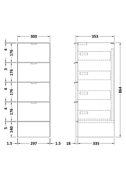 Hudson Reed Fusion 300mm 4 Drawer Charcoal Black Floor Standing Cabinet With Handles