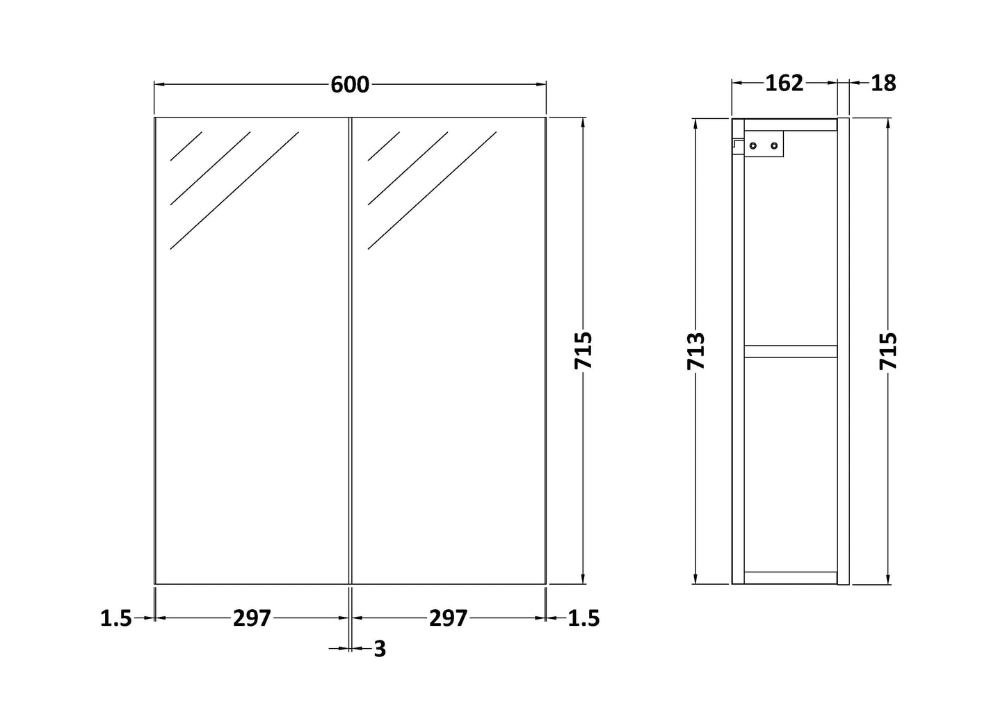 Fusion Fitted Wall Hung 2 Door Mirror Unit (50/50) 600mm