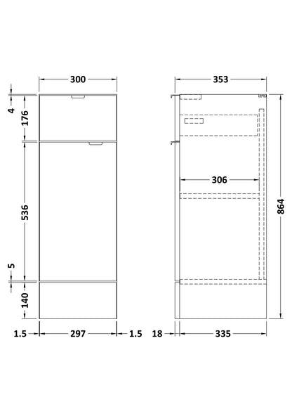 Hudson Reed Fusion 300mm 1 Door Drawer Gloss Grey Floor Standing Cabinet With Handles