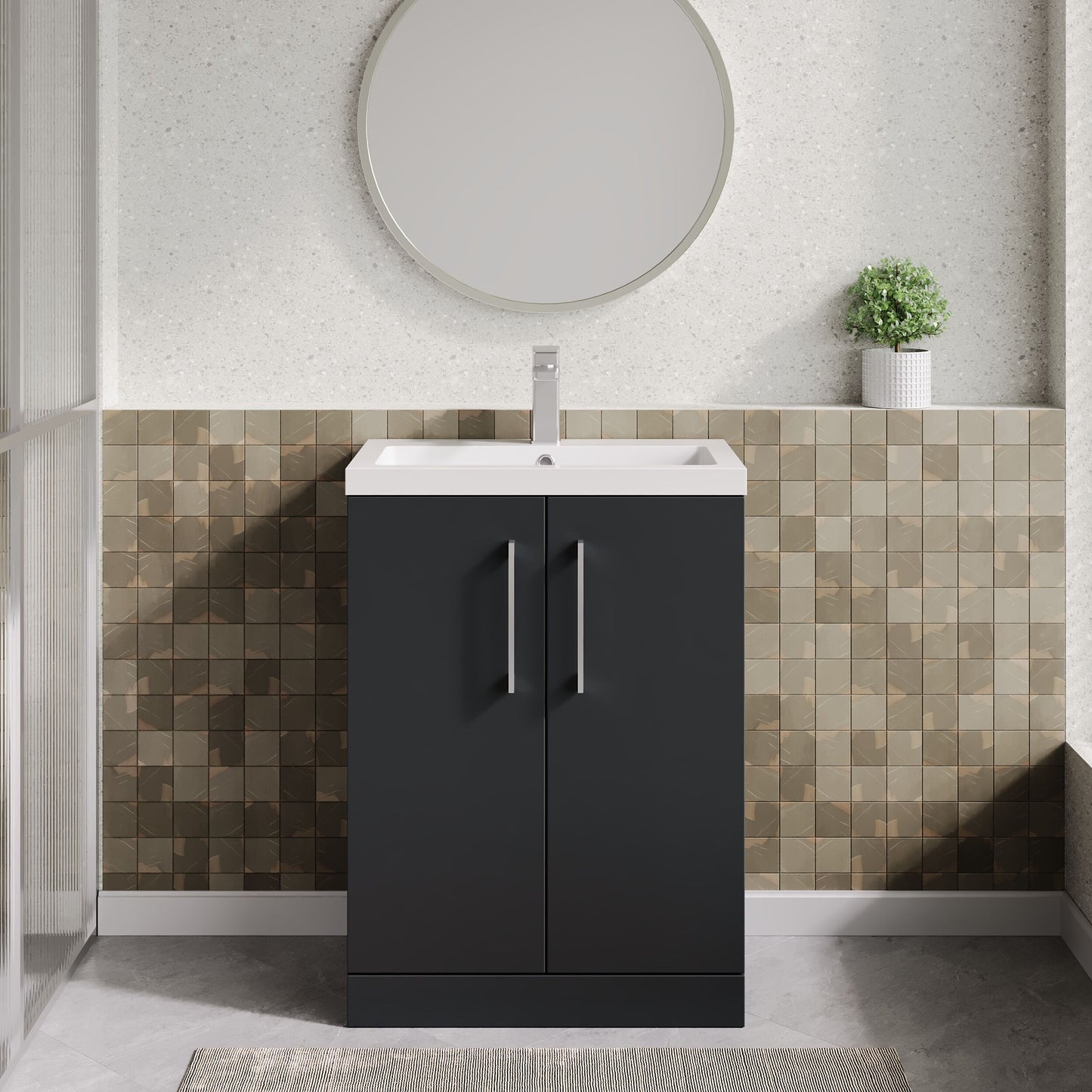 Arno Compact Floor Standing 2 Door Vanity & Polymarble Basin, 600mm