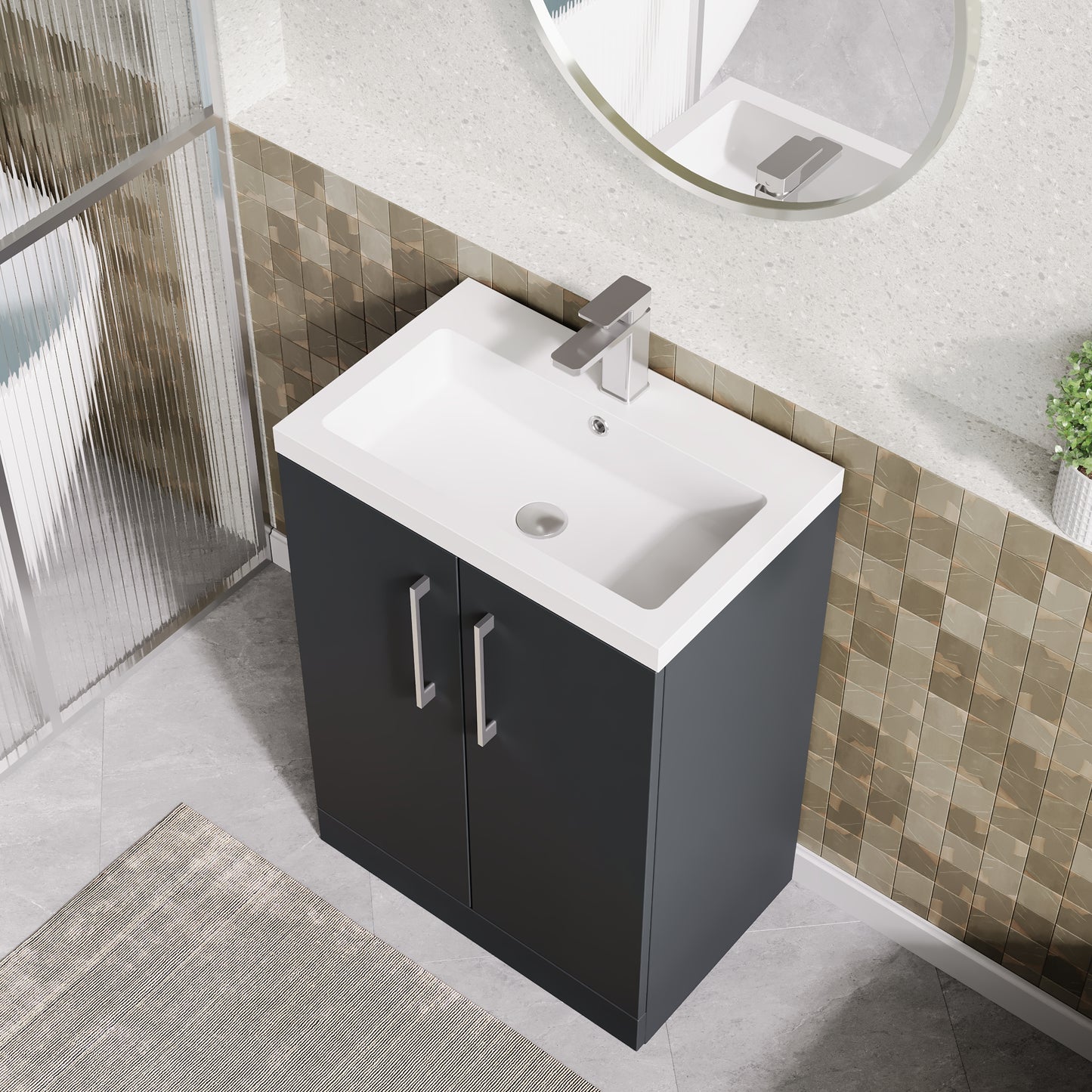 Arno Compact Floor Standing 2 Door Vanity & Polymarble Basin, 600mm