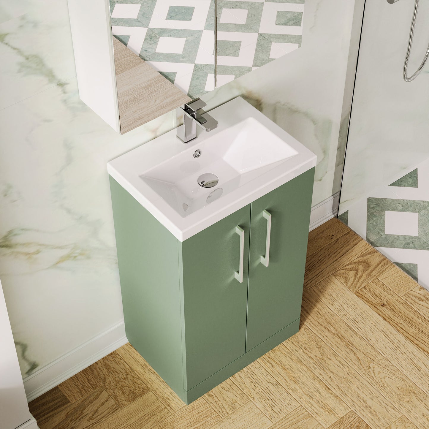Nuie 500mm Satin Green Floor Standing 2-Door Vanity Unit With Polymarble Basin & Soft Close Doors