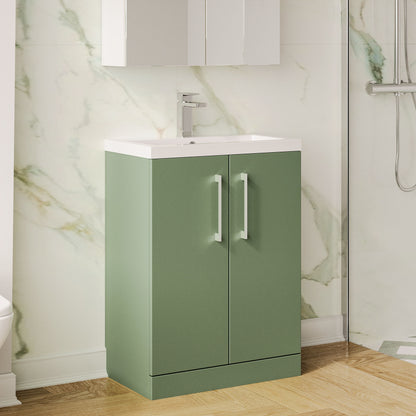 Nuie 600mm Satin Green Floor Standing 2-Door Vanity Unit With Polymarble Basin