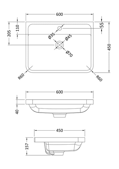 Solar 600mm Polymarble 1 Tap Hole Basin