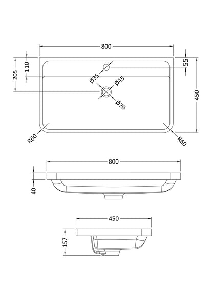 Solar 800mm Polymarble 1 Tap Hole Basin