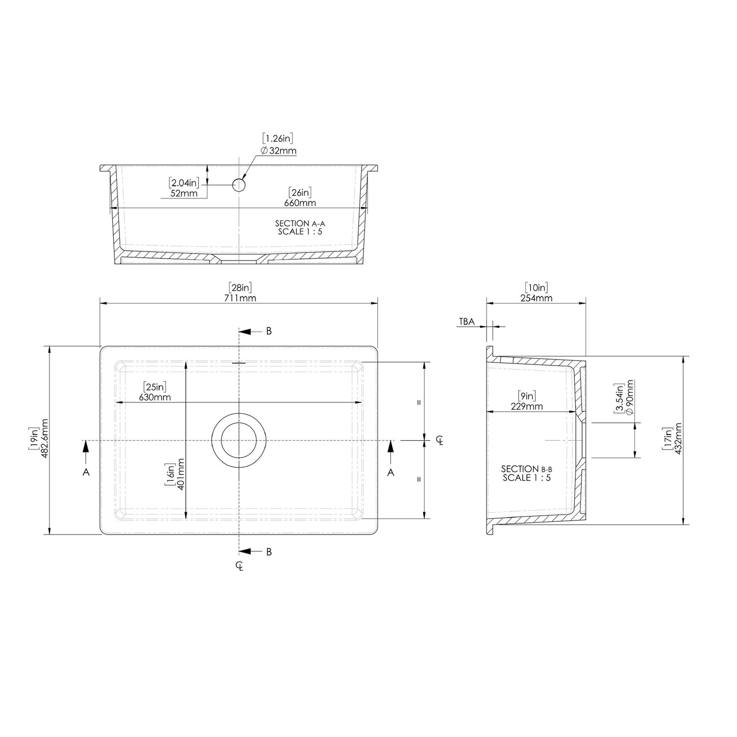 Nuie Single Bowl 711 x 483 x 254mm Fireclay White Rectangular Inset Sink With Overflow