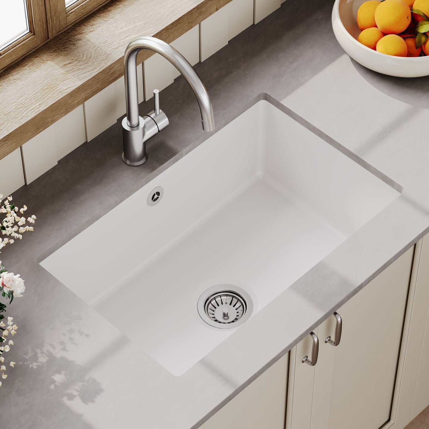 Nuie Single Bowl 711 x 483 x 254mm Fireclay White Rectangular Inset Sink With Overflow