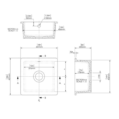 Nuie Single Bowl 457 x 457 x 203mm Fireclay Soft Black Square Inset Sink