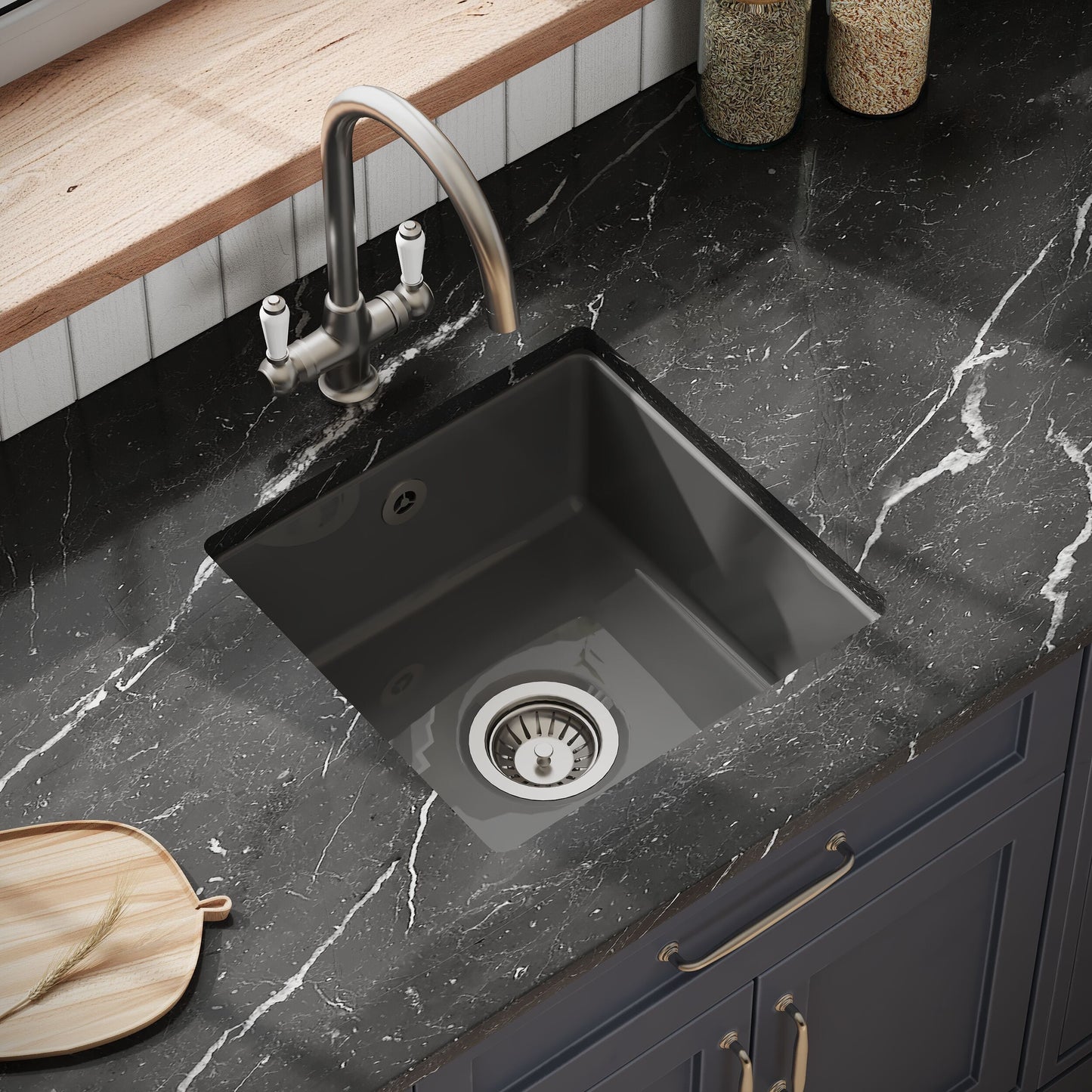 Nuie Single Bowl 457 x 457 x 203mm Fireclay Soft Black Square Inset Sink