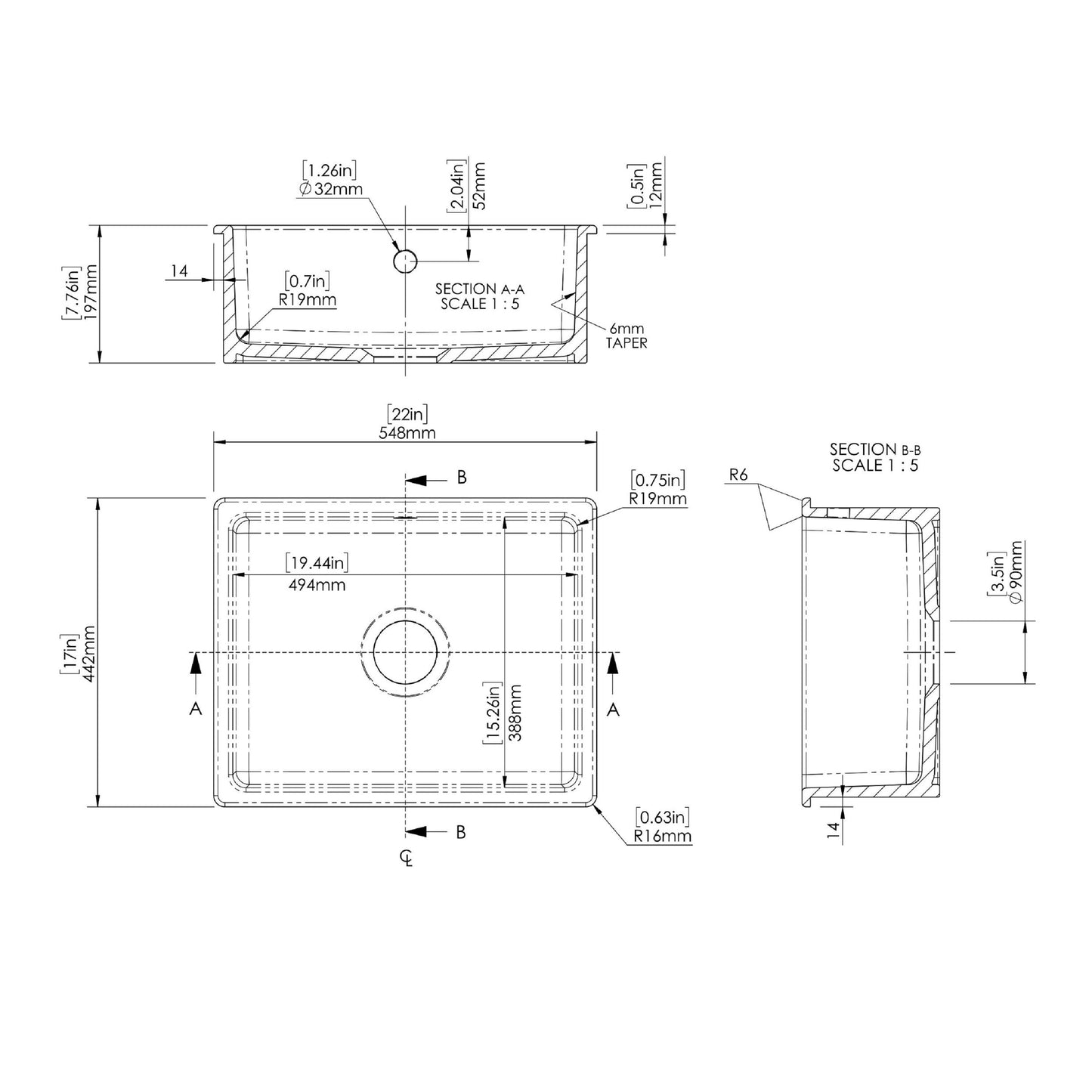 Nuie Single Bowl 548 x 442 x 197mm Fireclay Soft Black Rectangular Inset Sink