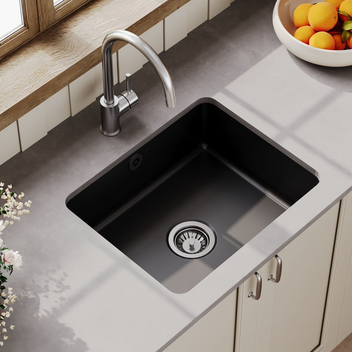 Nuie Single Bowl 548 x 442 x 197mm Fireclay Soft Black Rectangular Inset Sink