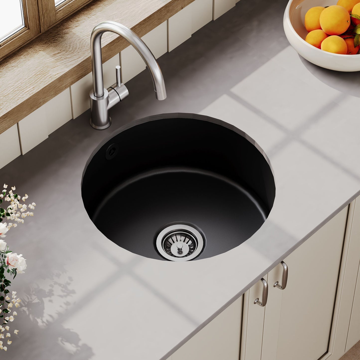 Nuie Single Bowl 460 x 191mm Fireclay Soft Black Round Inset Sink With Central Waste and Overflow