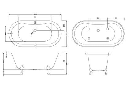 Hudson Reed 1490mm Freestanding Bath With Pride Legs
