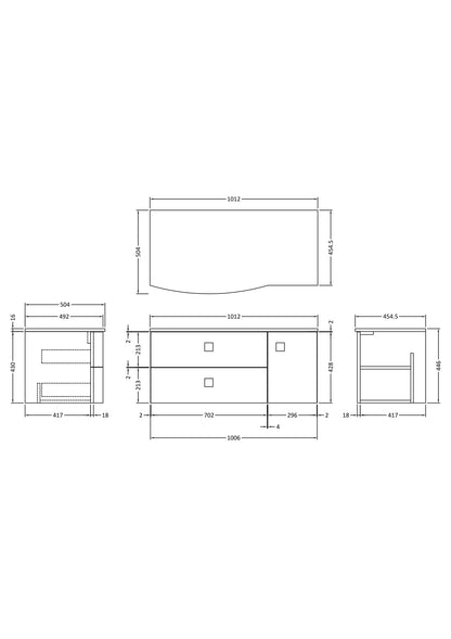 Hudson Reed Sarenna 1012mm Dove Grey Wall Hung Left Hand 2 Drawer 1 Door Vanity Unit With White Marble Top