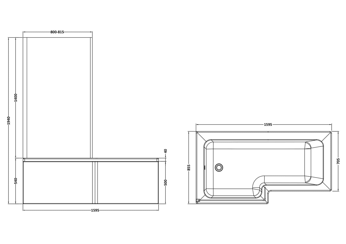 Nuie 1600mm Left-Hand Square Shower Bath And Panel Set