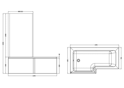 Nuie 1600mm Left-Hand Square Shower Bath And Panel Set