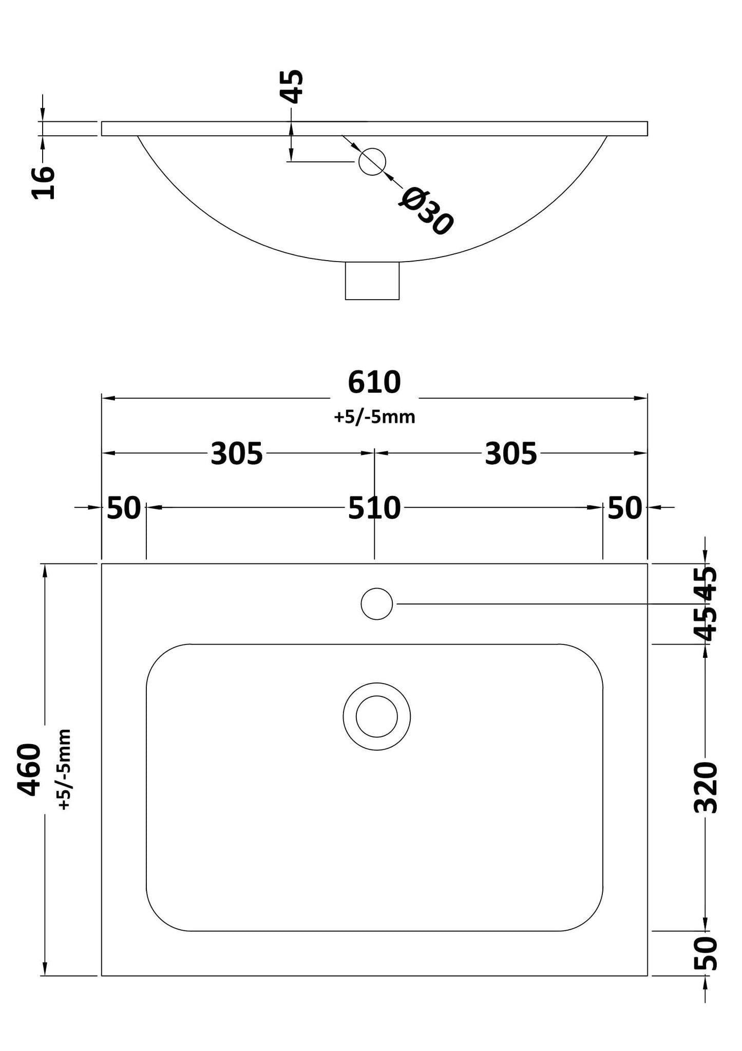 610 x 460mm Stone Basin 1TH - White