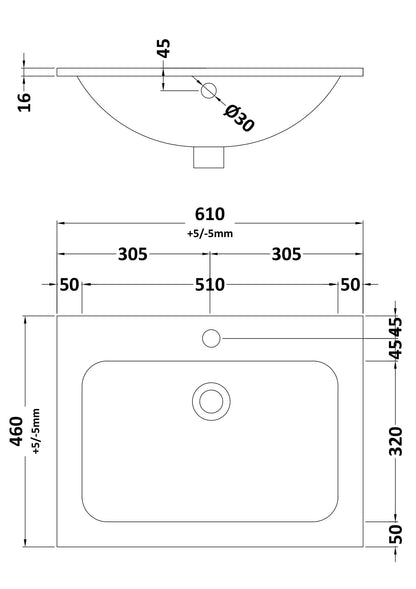 610 x 460mm Stone Basin 1TH - Marble