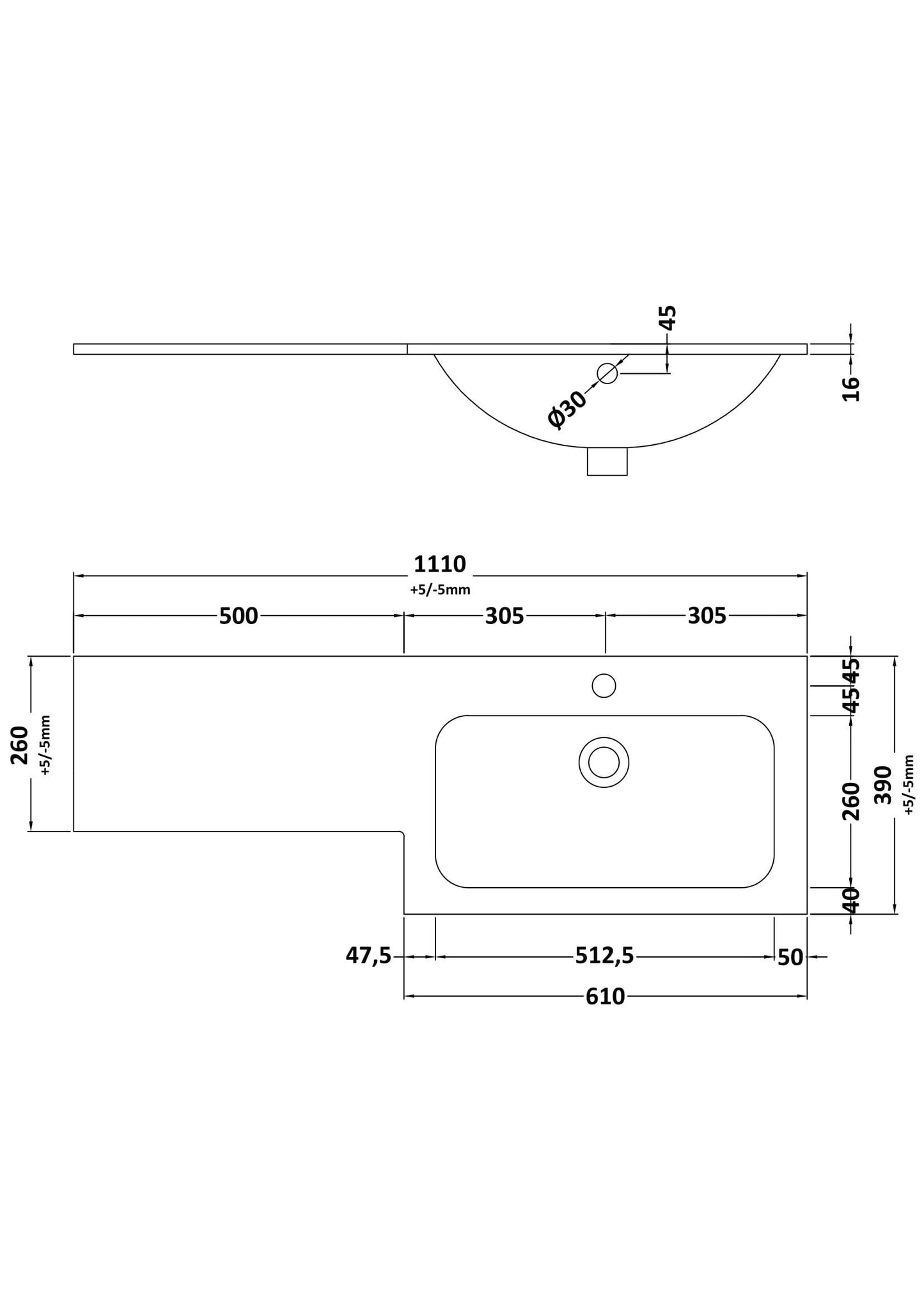 1100x390 L-Shaped Solid Stone Basin - Right Hand - Marble