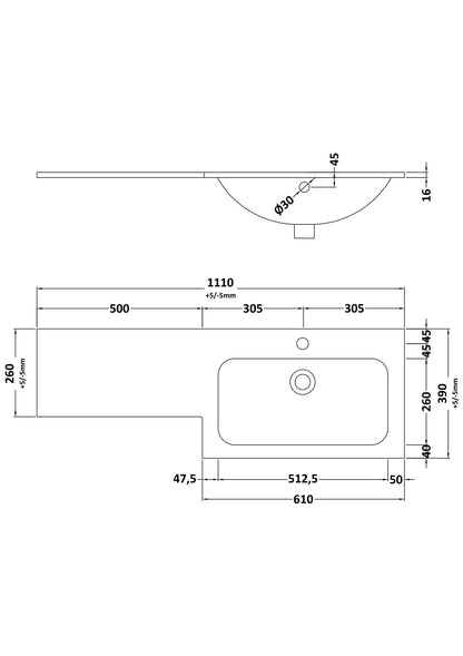 1100x390 L-Shaped Solid Stone Basin - Right Hand - Marble