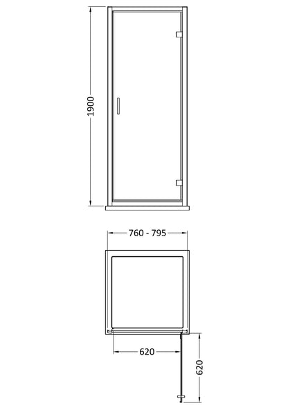 Nuie Rene 790mm Semi-Frameless Matt Black Hinged Shower Door