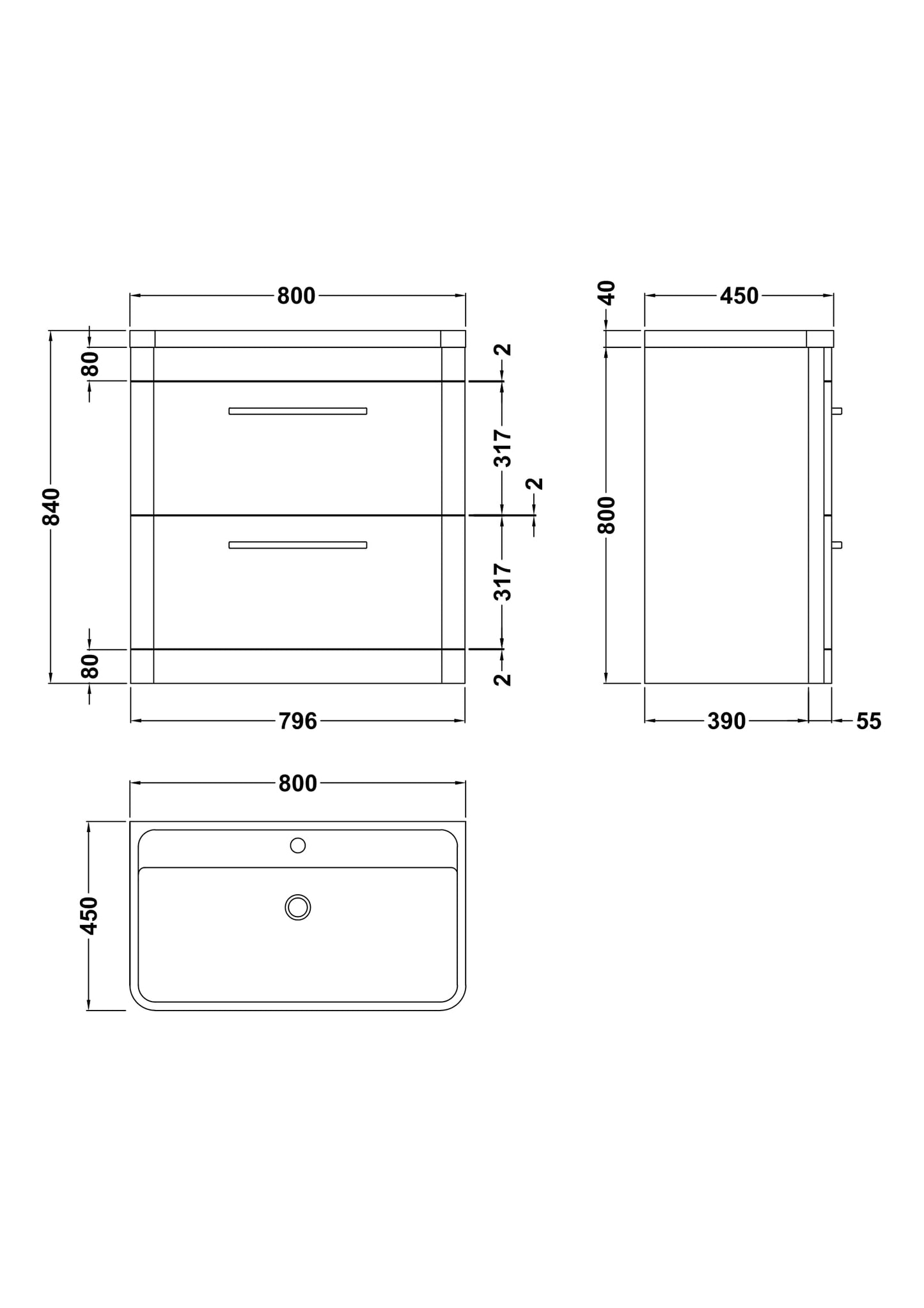 Hudson Reed Solar 800mm Pure White Floor Standing 2 Drawer Vanity Unit With Polymarble Basin
