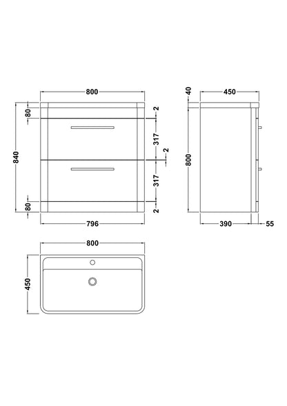 Hudson Reed Solar 800mm Pure White Floor Standing 2 Drawer Vanity Unit With Polymarble Basin