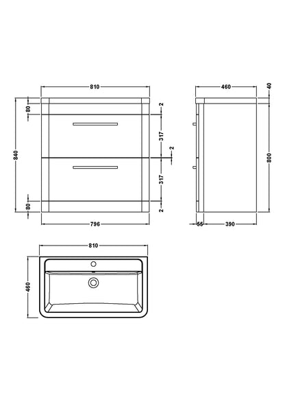 Hudson Reed Solar 800mm Cool Grey 2 Drawer Floor Standing Vanity Unit With Ceramic Basin