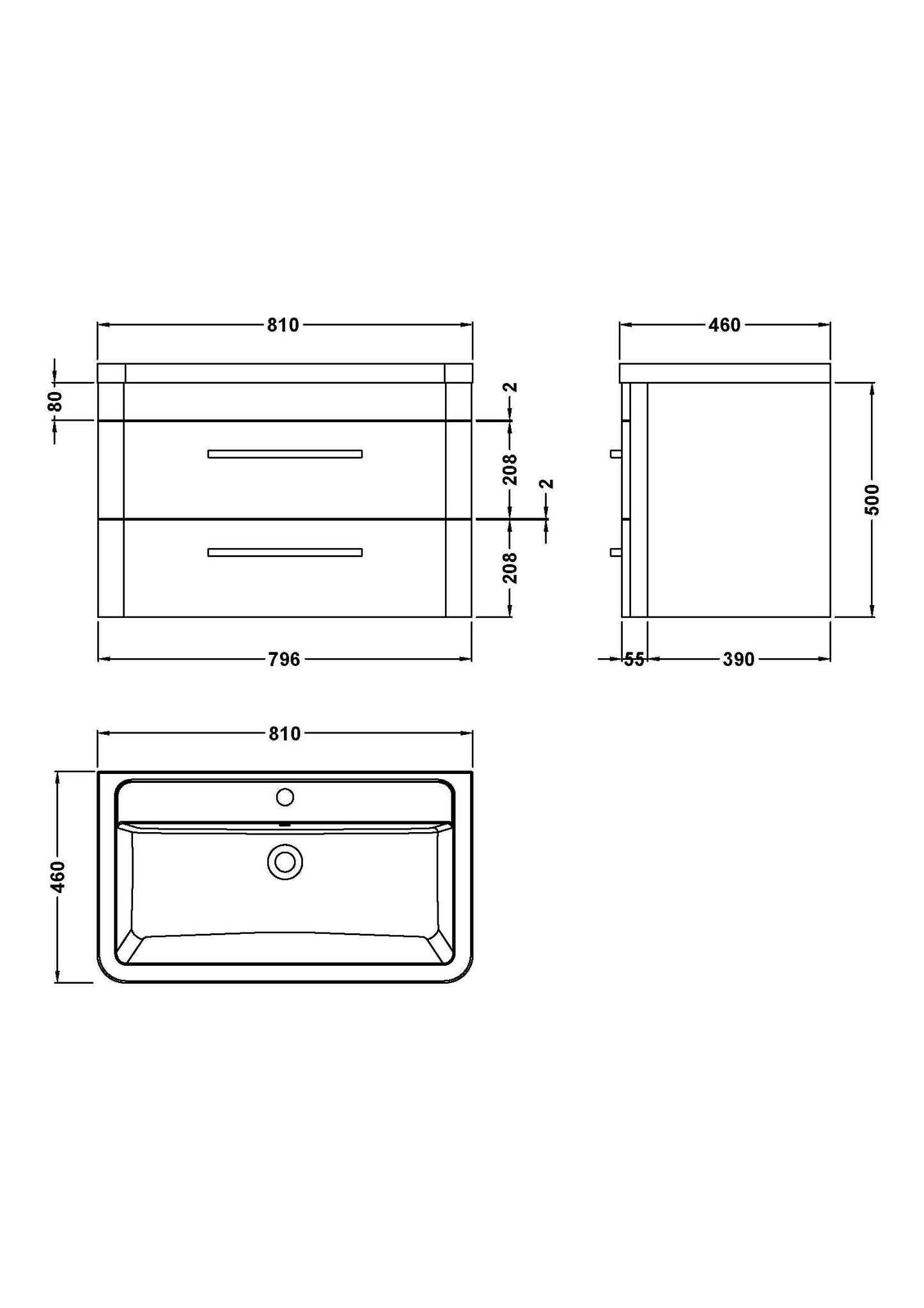 Hudson Reed Solar 800mm Wall Hung 2 Drawer Vanity Unit With Ceramic Basin