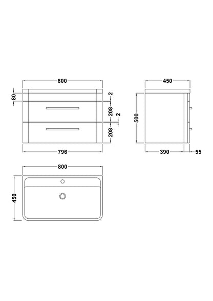 Hudson Reed Solar 800mm Cool Grey 2 Drawer Wall Hung Vanity Unit With Polymarble Basin