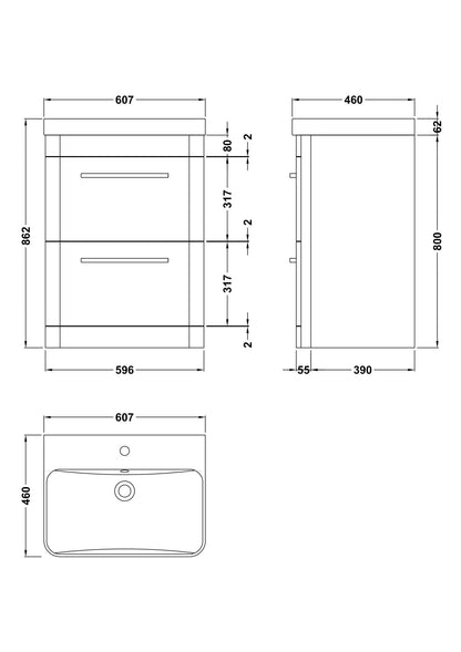 Hudson Reed Solar 600mm Floor Standing 2 Drawer Vanity Unit With Ceramic Basin